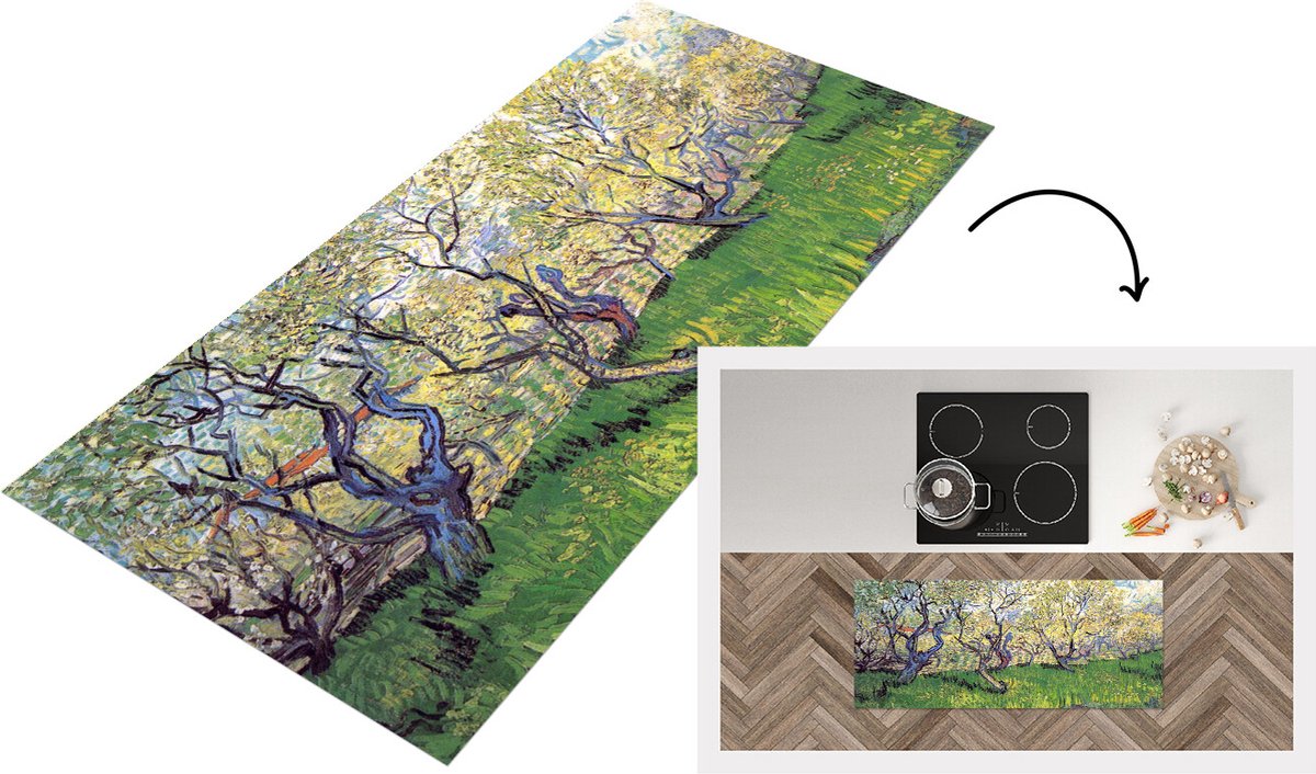 KitchenYeah Keukenloper - Loper keuken - Boomgaard met bloeiende pruimenbomen - Vincent van Gogh - 120x50 cm - Keukenloper vinyl Multicolor