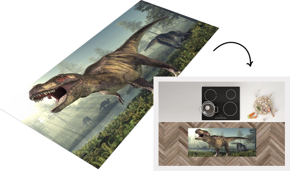 KitchenYeah Keukenloper - Loper keuken - Dino - Gras - Tekening - 120x50 cm - Keukenloper vinyl Multicolor