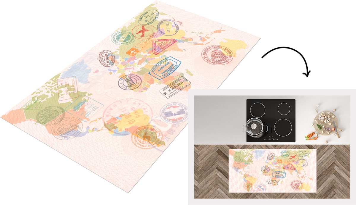 KitchenYeah Keukenloper - Loper keuken - Wereldkaart - Stempels - Kleuren - 120x60 cm - Keukenloper vinyl Multicolor