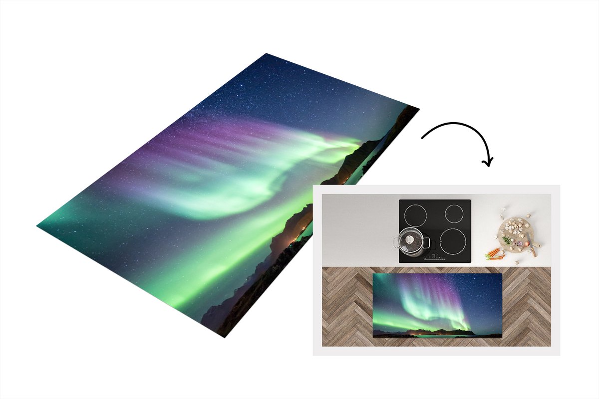 KitchenYeah Keukenloper - Loper keuken - Noorderlicht - Groen - Paars - Sterrenhemel - 120x60 cm - Keukenloper vinyl Multicolor