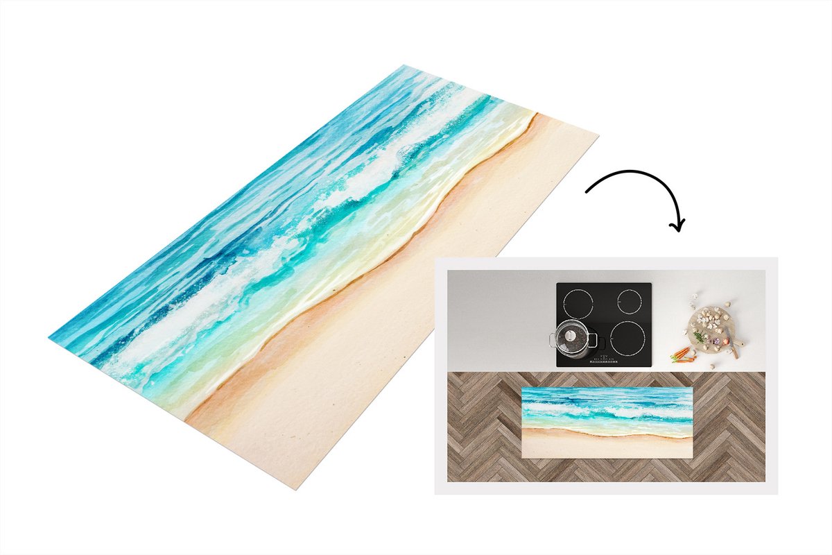 KitchenYeah Keukenloper - Loper keuken - Strand - Golf - Zee - 120x50 cm - Keukenloper vinyl Multicolor