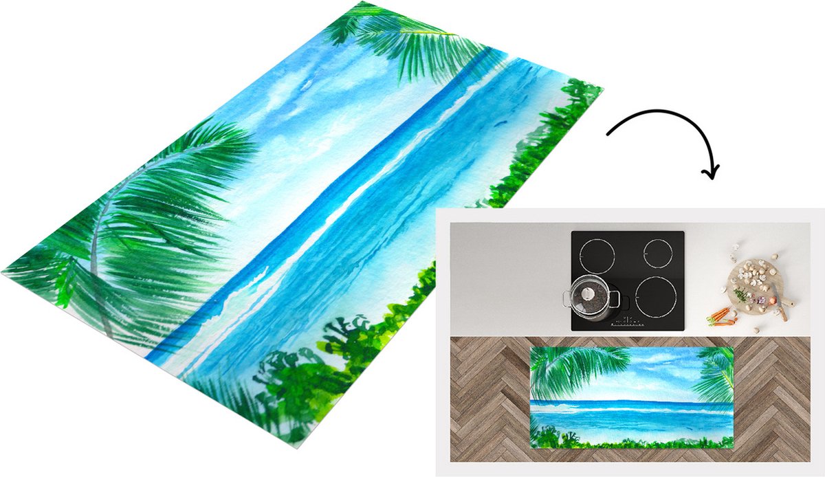 KitchenYeah Keukenloper - Loper keuken - Zee - Strand - Plant - 120x60 cm - Keukenloper vinyl Multicolor