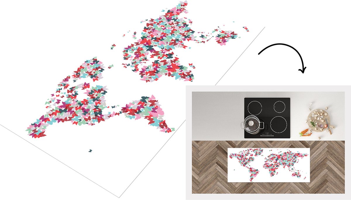 KitchenYeah Keukenloper - Loper keuken - Wereldkaart - Kleuren - Vlinders - 120x50 cm - Keukenloper vinyl Multicolor