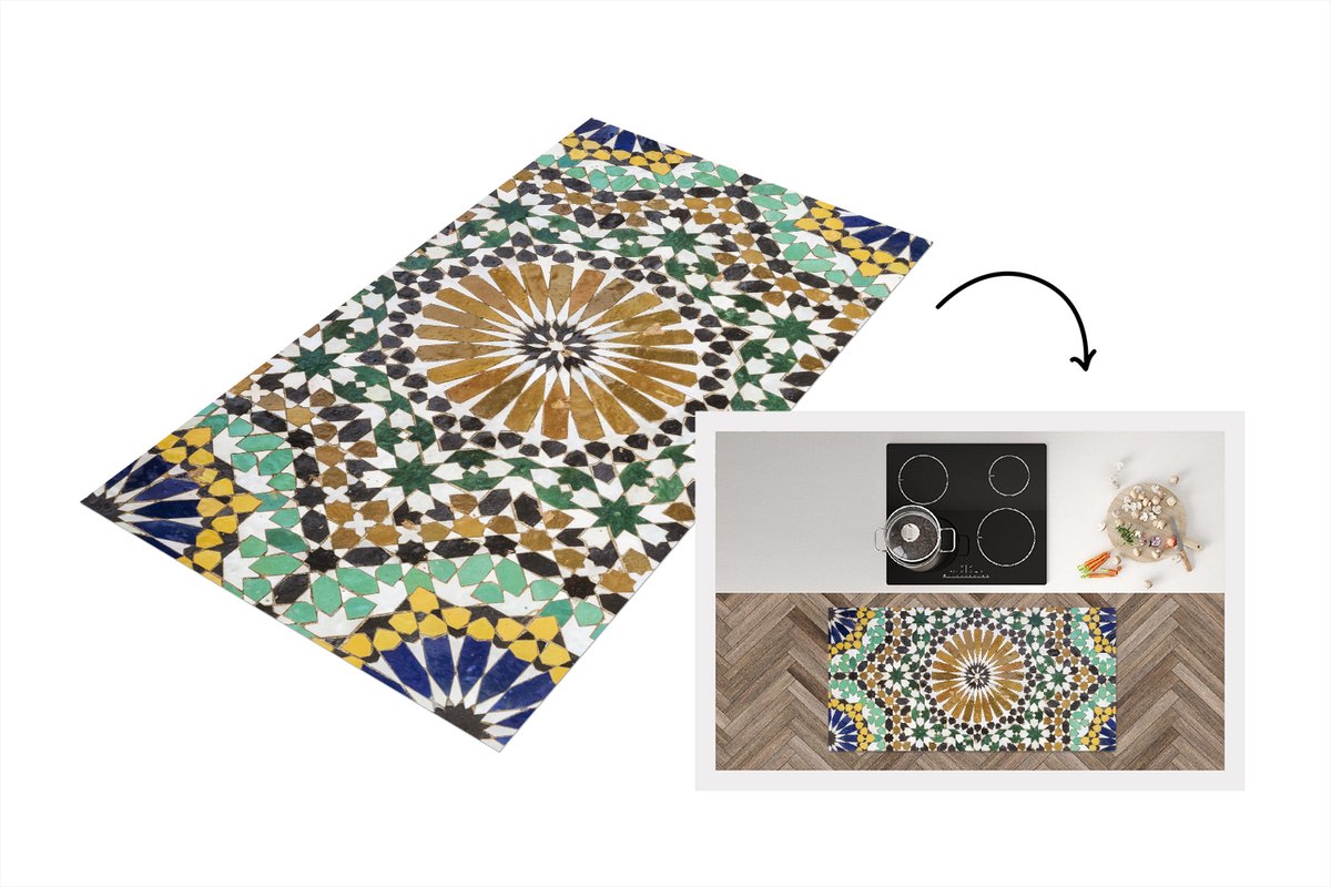 KitchenYeah Keukenloper - Loper keuken - Een close up van een Marokkaanse mozaïek - 120x60 cm - Keukenloper vinyl Multicolor