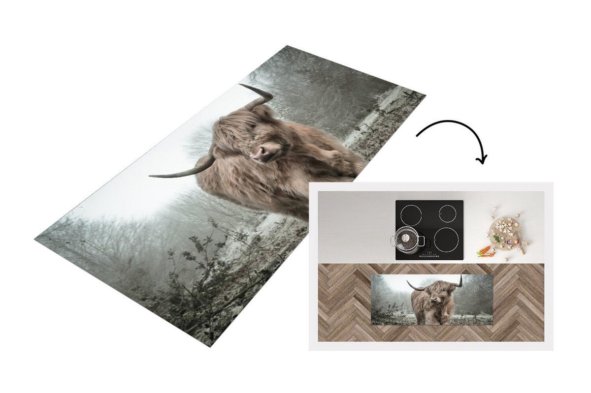KitchenYeah Keukenloper - Loper keuken - Schotse Hooglander - Bos - Mist - 120x50 cm - Keukenloper vinyl Multicolor