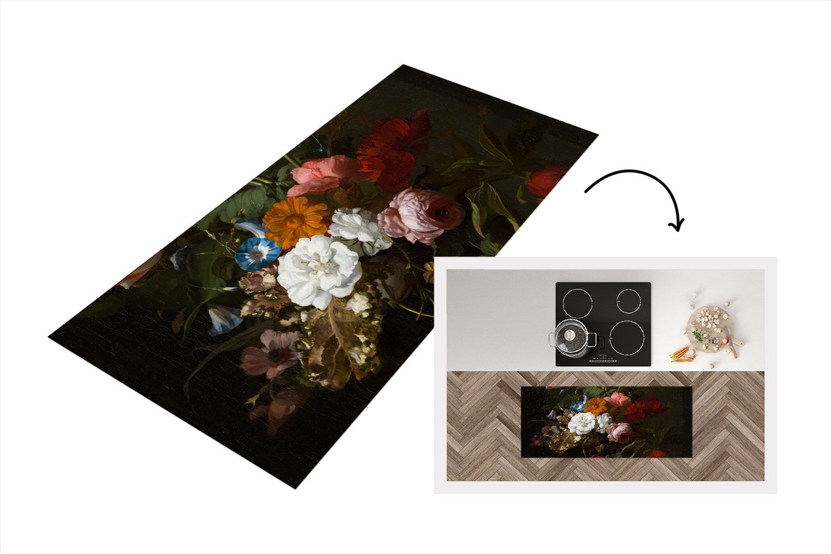 KitchenYeah Keukenloper - Loper keuken - Vaas met bloemen - Schilderij van Rachel Ruysch - 120x50 cm - Keukenloper vinyl Multicolor