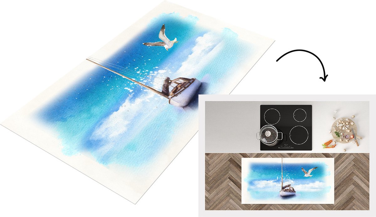 KitchenYeah Keukenloper - Loper keuken - Zeilboot - Vogel - Zee - 120x60 cm - Keukenloper vinyl Multicolor