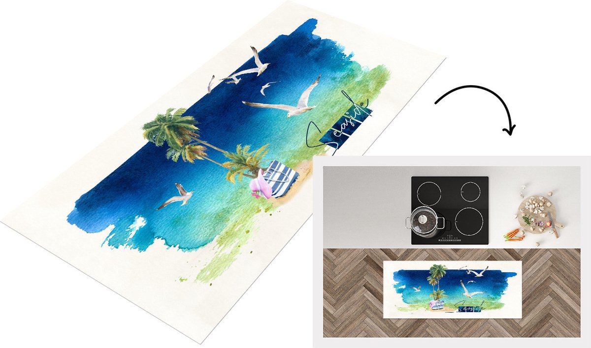 KitchenYeah Keukenloper - Loper keuken - Strand - Vogel - Lucht - 120x50 cm - Keukenloper vinyl Multicolor