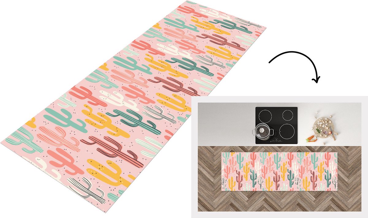 KitchenYeah Keukenloper - Loper keuken - Cactus - Patronen - Roze - 150x50 cm - Keukenloper vinyl Multicolor