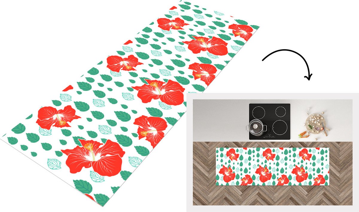 KitchenYeah Keukenloper - Loper keuken - Hibiscus - Patronen - Hawaii - Bladeren - Bloem - 150x50 cm - Keukenloper vinyl Multicolor