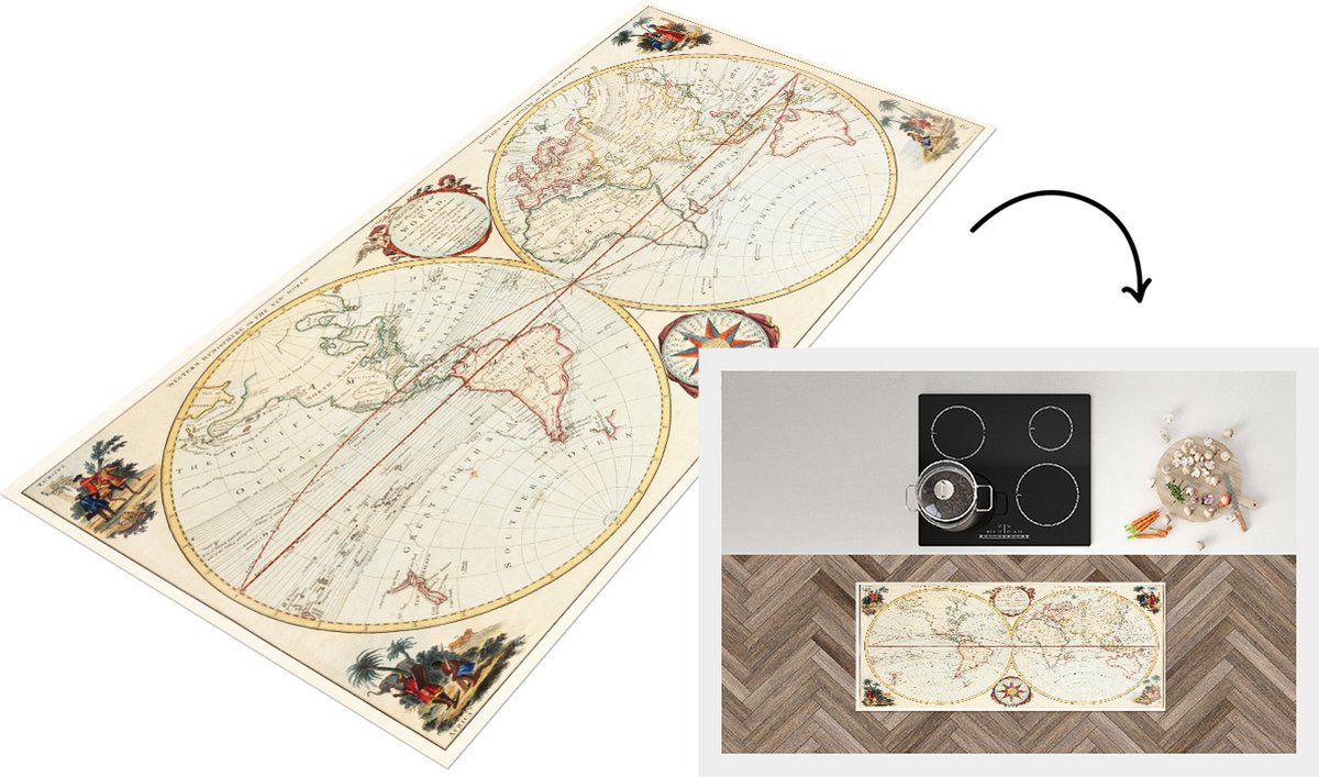 KitchenYeah Keukenloper - Loper keuken - Wereldkaart - Retro - Geschiedenis - 120x50 cm - Keukenloper vinyl Multicolor