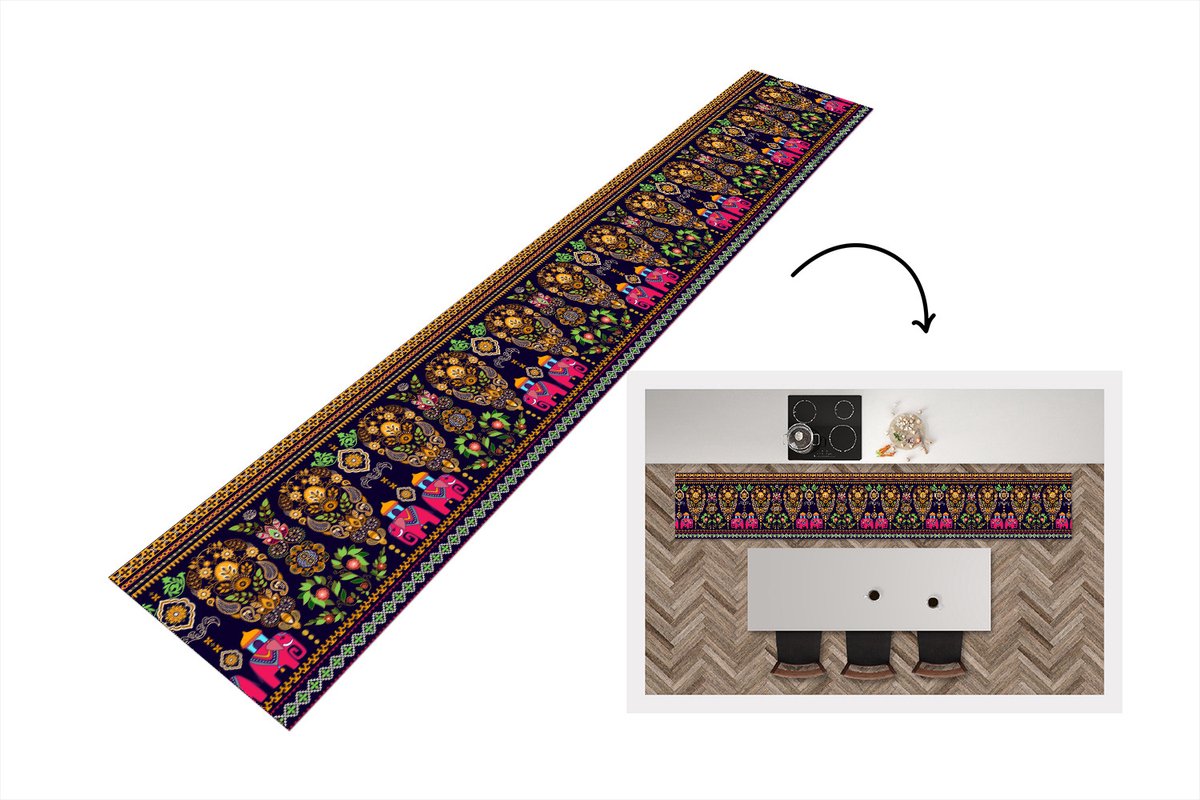 KitchenYeah Keukenloper - Loper keuken - Patronen - Olifant - Roze - 300x50 cm - Keukenloper vinyl Multicolor