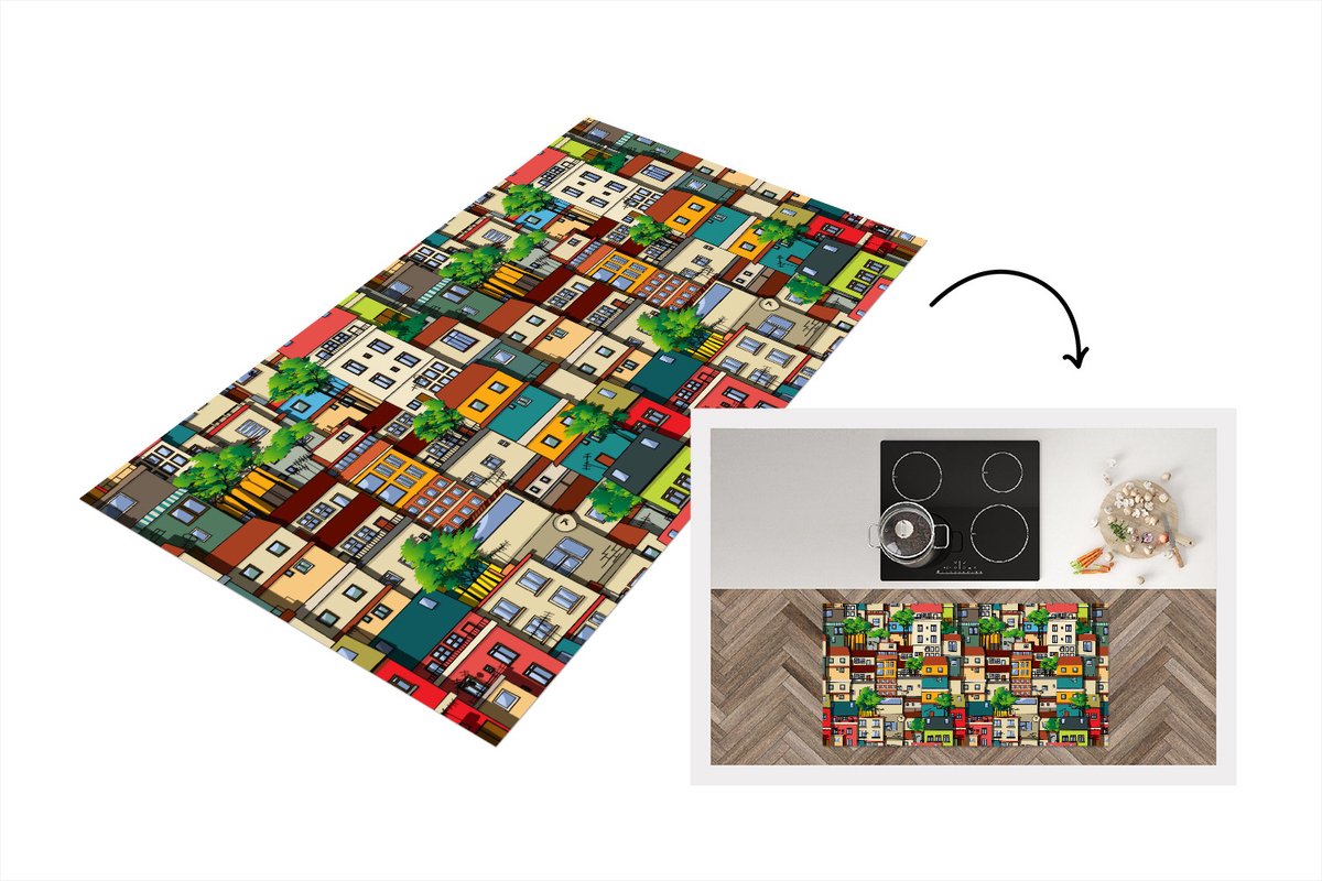 KitchenYeah Keukenloper - Loper keuken - Patronen - Huis - Boom - 120x60 cm - Keukenloper vinyl Multicolor