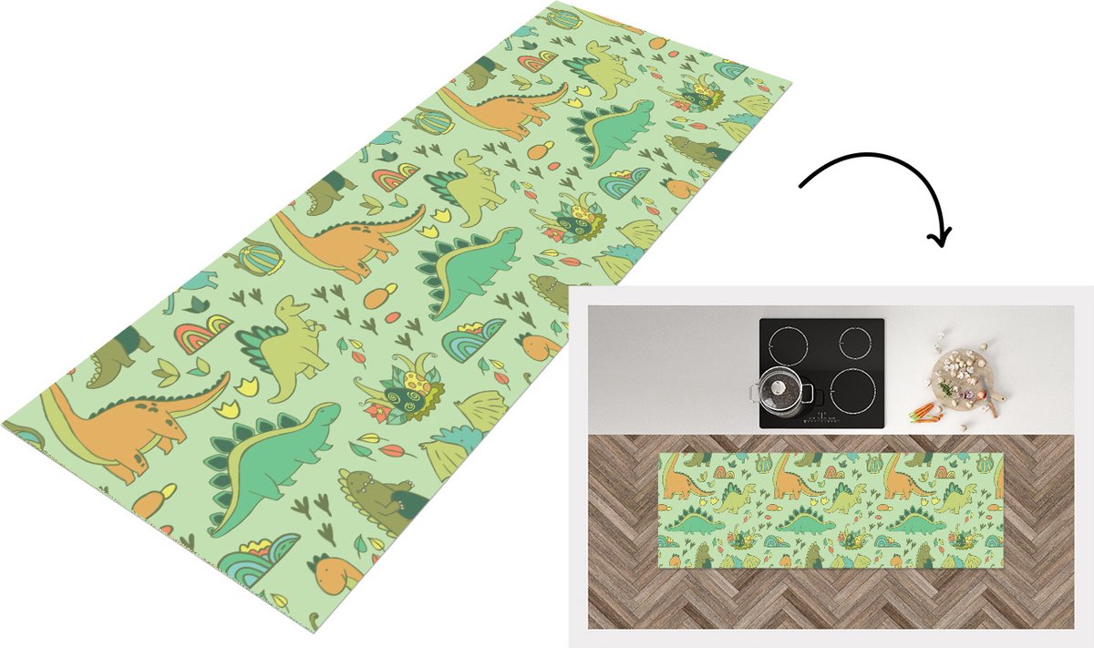 KitchenYeah Keukenloper - Loper keuken - Patronen - Dino - Groen - 150x50 cm - Keukenloper vinyl Multicolor