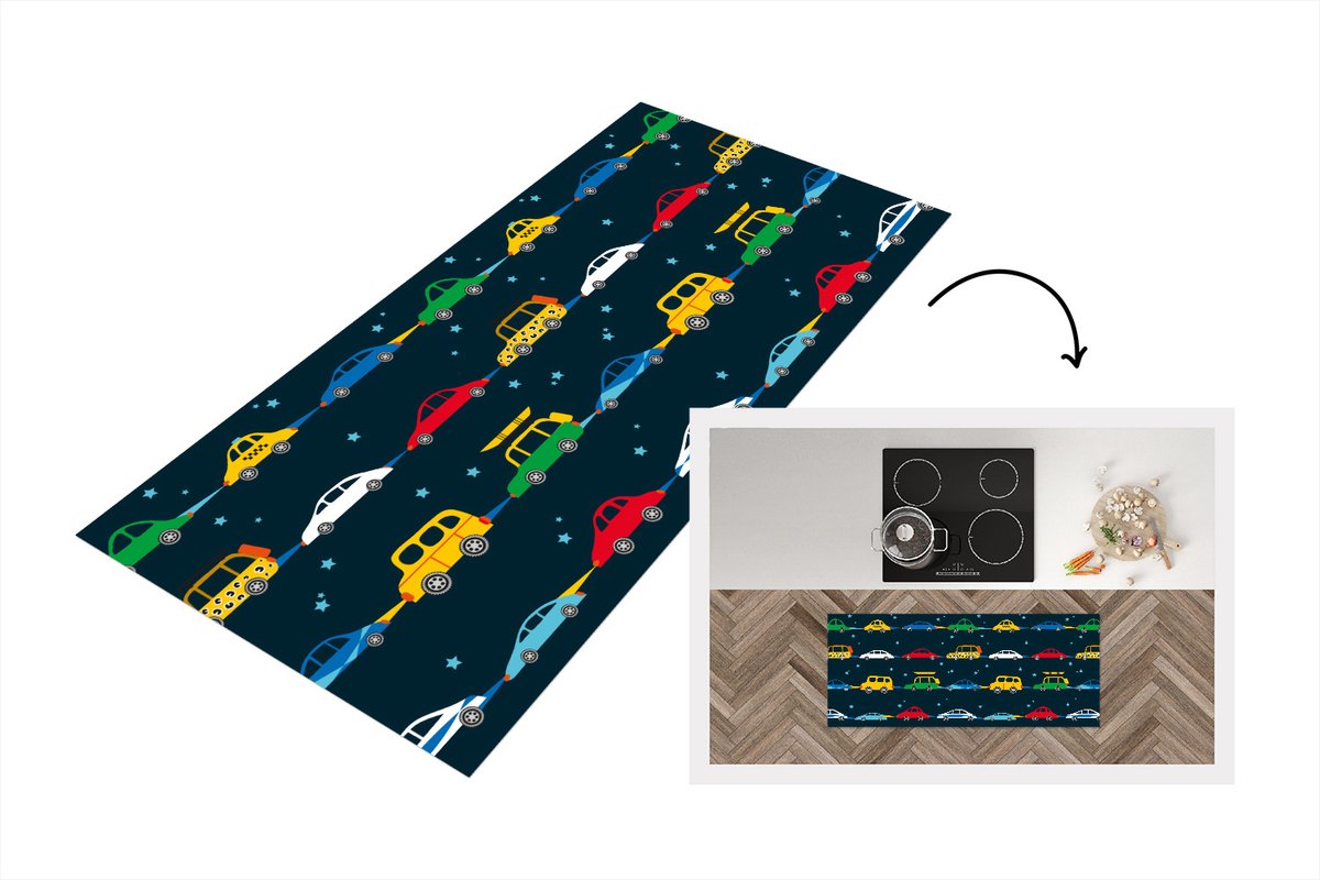 KitchenYeah Keukenloper - Loper keuken - Patronen - Auto - Ruimte - 120x50 cm - Keukenloper vinyl Multicolor