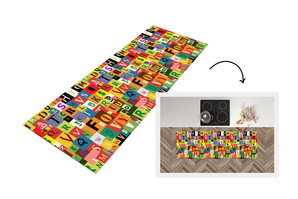 KitchenYeah Keukenloper - Loper keuken - Alfabet - Letter - Patroon - 150x50 cm - Keukenloper vinyl Multicolor