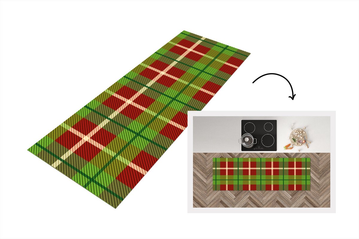 KitchenYeah Keukenloper - Loper keuken - Plaid groen - Patronen - Kerstmis - 150x50 cm - Keukenloper vinyl Multicolor