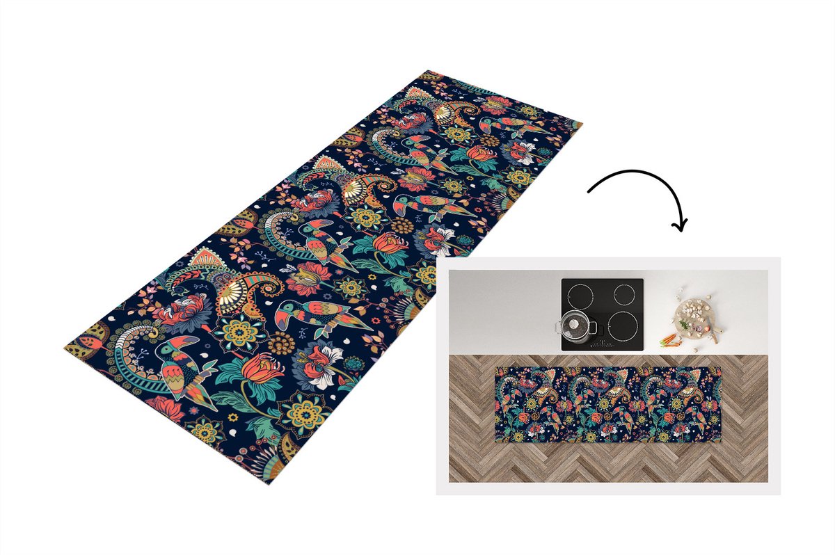 KitchenYeah Keukenloper - Loper keuken - Toekan - Vogel - Regenboog - Jungle - Patroon - 180x60 cm - Keukenloper vinyl Multicolor