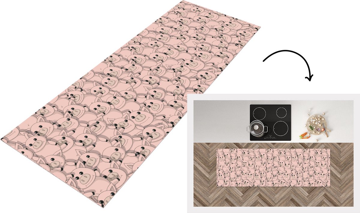 KitchenYeah Keukenloper - Loper keuken - Varkens - Dieren - Roze - Patroon - 150x50 cm - Keukenloper vinyl Multicolor