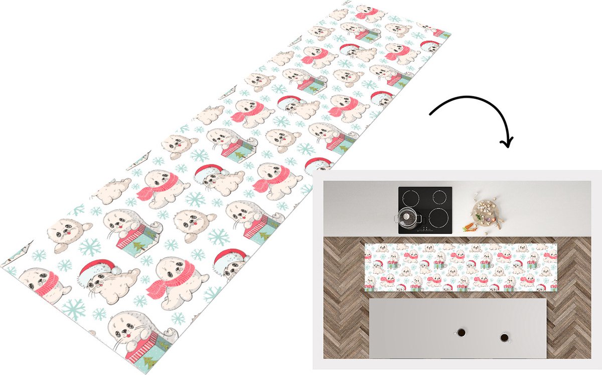 KitchenYeah Keukenloper - Loper keuken - Zeehonden - Kinderen - Kerst - Winter - Patroon - Keukenloper vinyl multicolor, foto 7