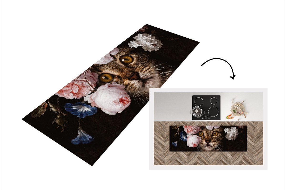 KitchenYeah Keukenloper - Loper keuken - Kat - Bloemen - Flora - 180x60 cm - Keukenloper vinyl Multicolor