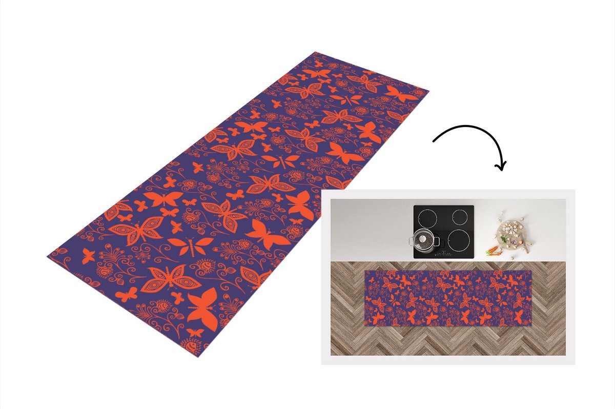 KitchenYeah Keukenloper - Loper keuken - Vlinder - Libelle - Rood - Patronen - 150x50 cm - Keukenloper vinyl Multicolor