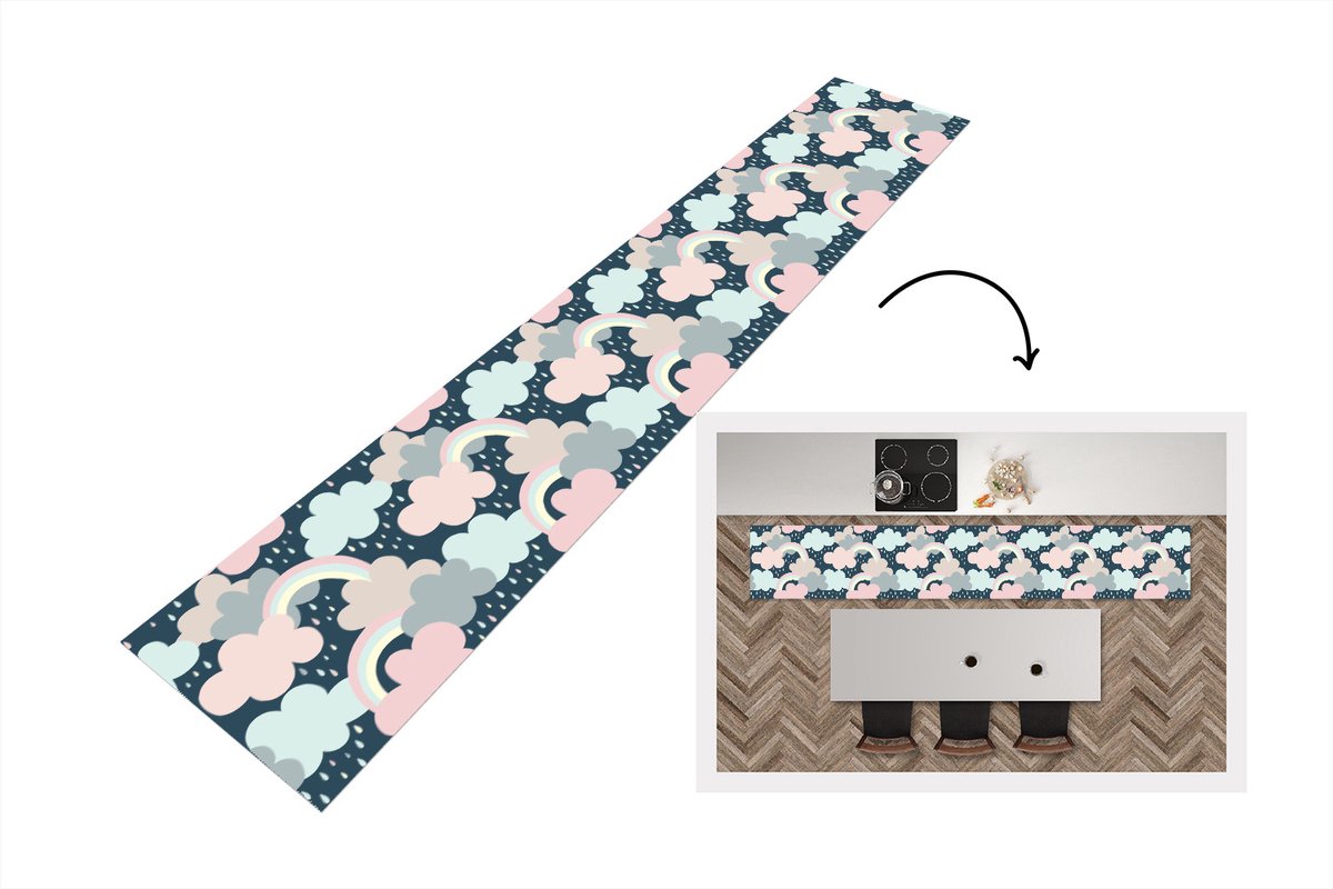 KitchenYeah Keukenloper - Loper keuken - Regenboog - Wolk - Regen - Kinderen - Patronen - 300x50 cm - Keukenloper vinyl Multicolor