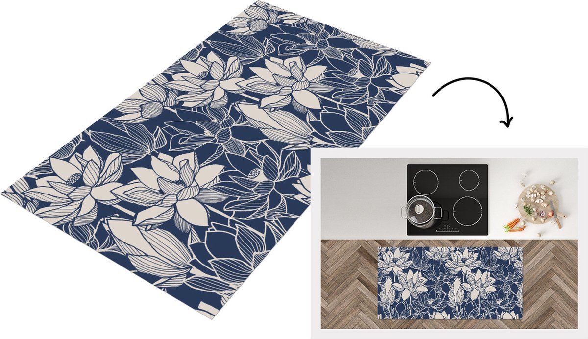 KitchenYeah Keukenloper - Loper keuken - Lotus - Blauw - Patronen - Keukenloper vinyl, foto 4