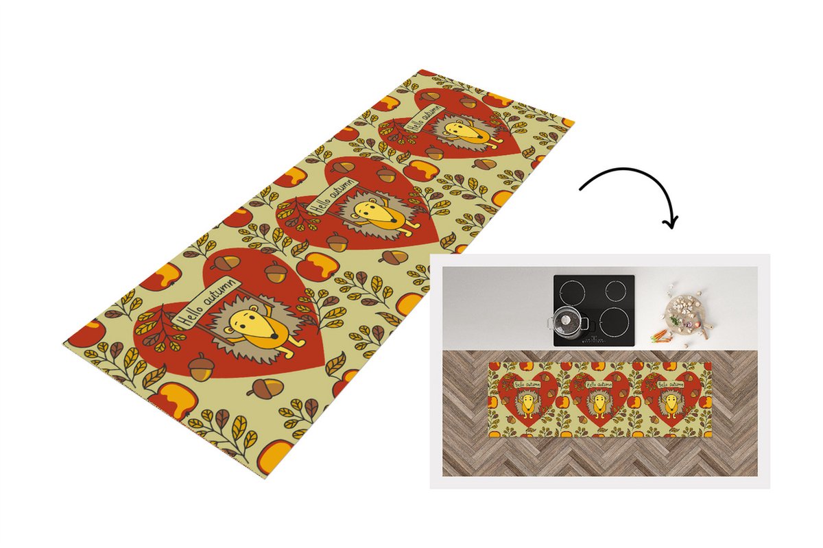 KitchenYeah Keukenloper - Loper keuken - Egel - Herfst - Seizoenen - Kind - Design - 180x60 cm - Keukenloper vinyl Multicolor