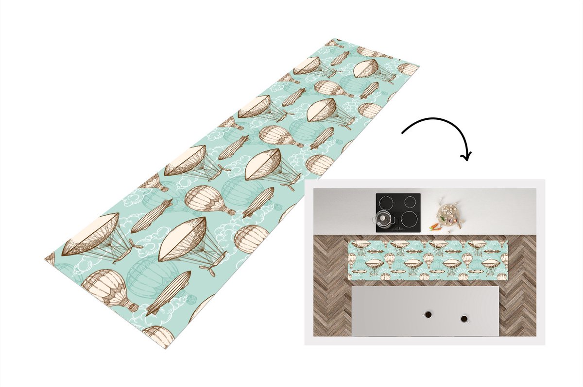 KitchenYeah Keukenloper - Loper keuken - Vintage - Luchtballon - Kinderen - Patronen - 240x60 cm - Keukenloper vinyl Multicolor