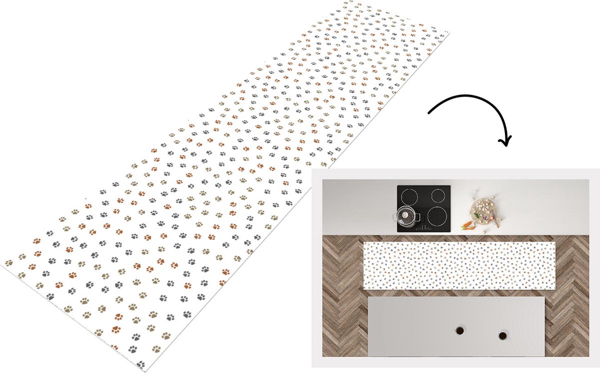 KitchenYeah Keukenloper - Loper keuken - Katten - Pootafdruk - Huisdieren - Patronen - 200x50 cm - Keukenloper vinyl Multicolor