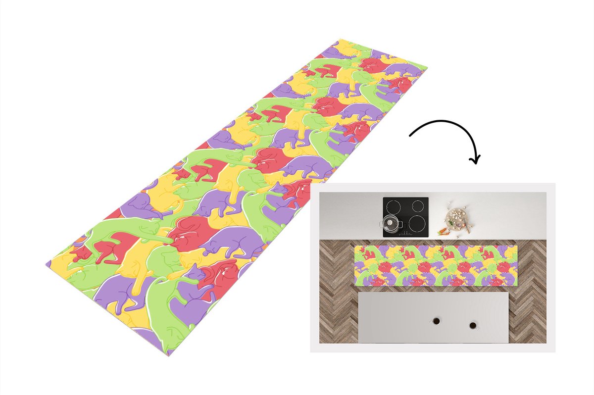KitchenYeah Keukenloper - Loper keuken - Katten - Regenboog - Kinderen - Pastel - Patronen - 200x50 cm - Keukenloper vinyl Multicolor