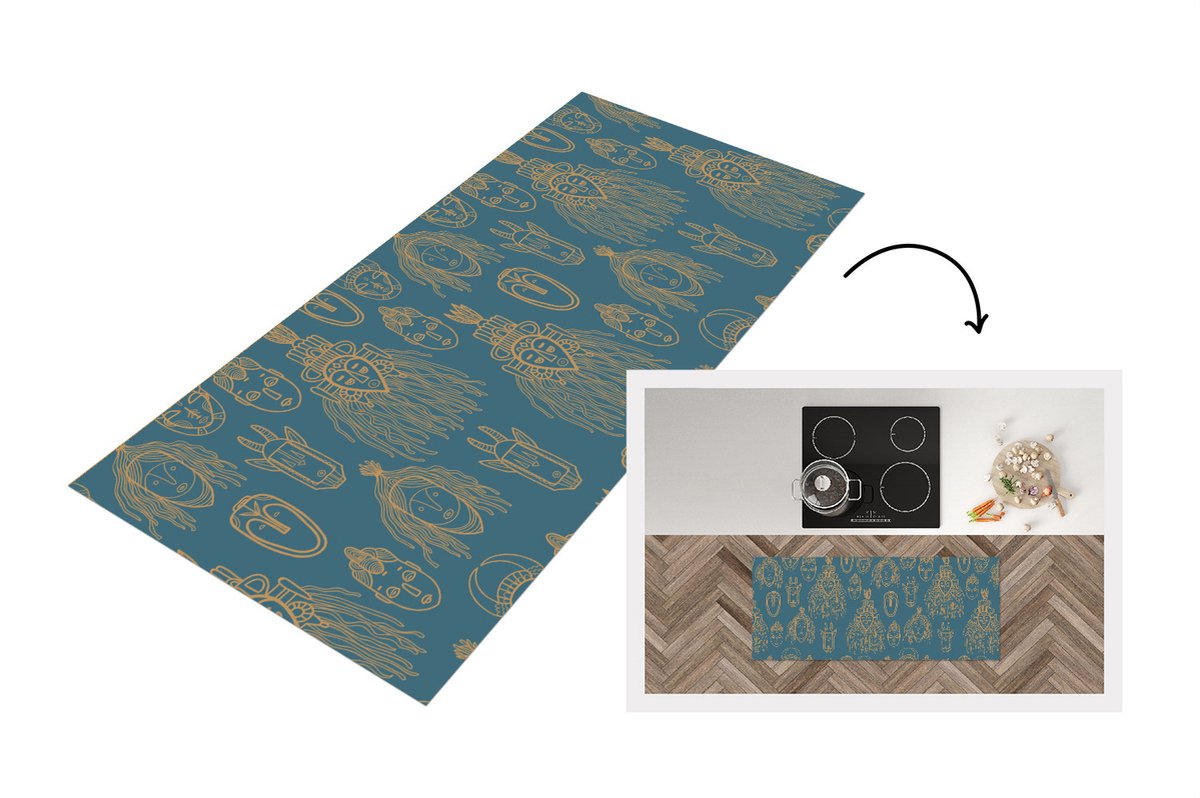 KitchenYeah Keukenloper - Loper keuken - Masker - Afrikaans - Goud - Patronen - 120x50 cm - Keukenloper vinyl Multicolor