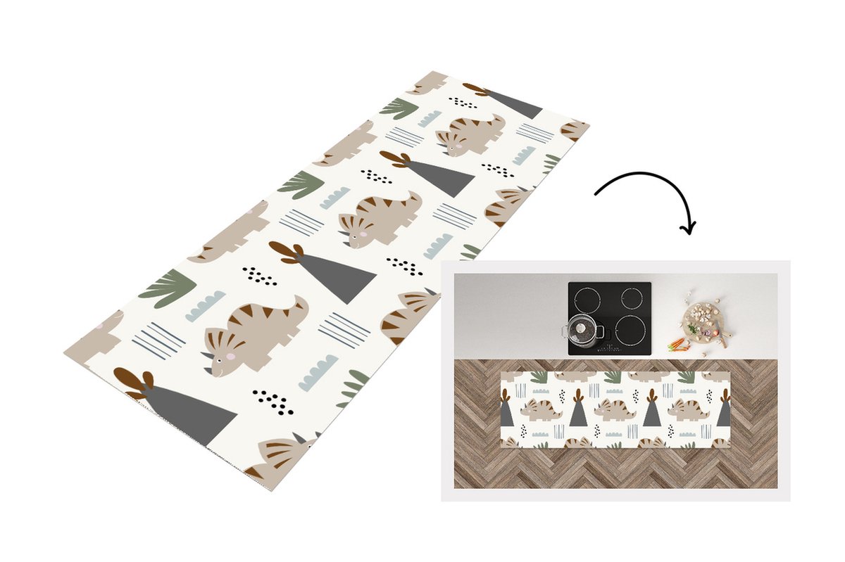 KitchenYeah Keukenloper - Loper keuken - Jongens - Kinderen - Patroon - Dinosaurus - 180x60 cm - Keukenloper vinyl Multicolor