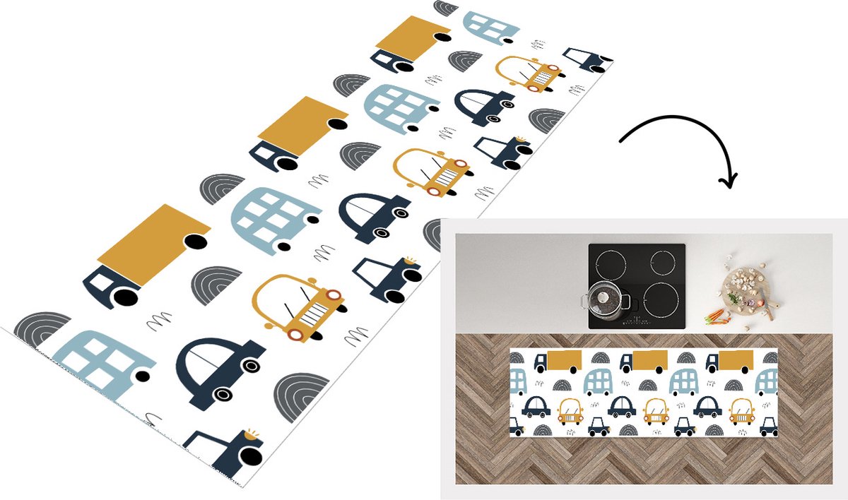 KitchenYeah Keukenloper - Loper keuken - Patroon - Jongens - Auto - Kind - 180x60 cm - Keukenloper vinyl Multicolor