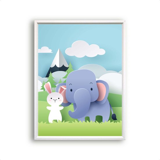 Poster Olifant en konijn met berg en wolkje links - dieren van papier / Jungle / Safari / Dieren Poster / Babykamer - Kinderposter 30x21cm