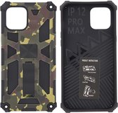 Hoesje Geschikt voor iPhone 12 Pro Max Hoesje - Rugged Extreme Backcover Army Camouflage met Kickstand - Groen