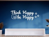 Stickerheld - Muursticker "Think Happy Be Happy" Quote - Woonkamer - Inspirerend - Engelse Teksten - Mat Wit - 55x156cm