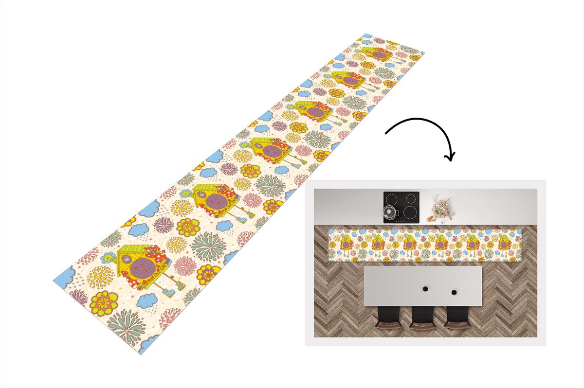 KitchenYeah Keukenloper - Loper keuken - Koekoeksklok - Patronen - Paddenstoel - Bloemen - 300x50 cm - Keukenloper vinyl Multicolor