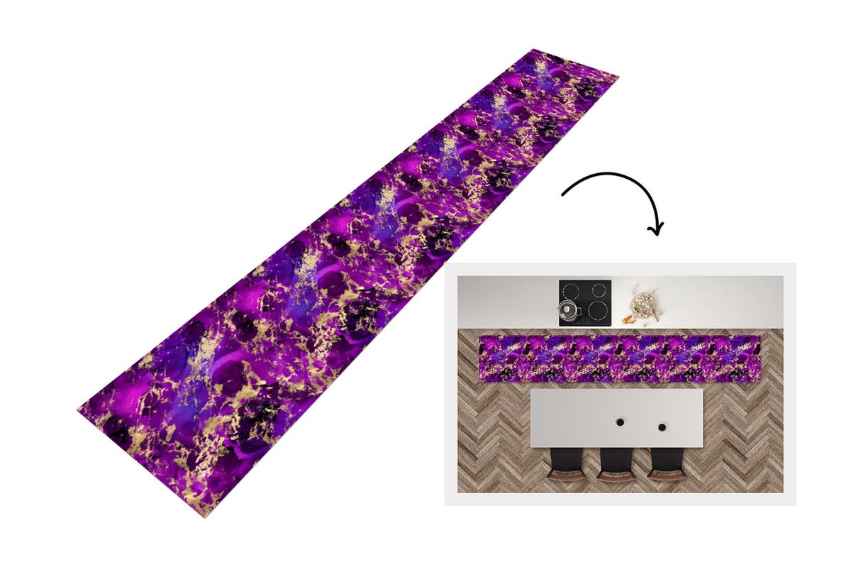 KitchenYeah Keukenloper - Loper keuken - Marmer - Goud - Paars - Patroon - 300x50 cm - Keukenloper vinyl Multicolor
