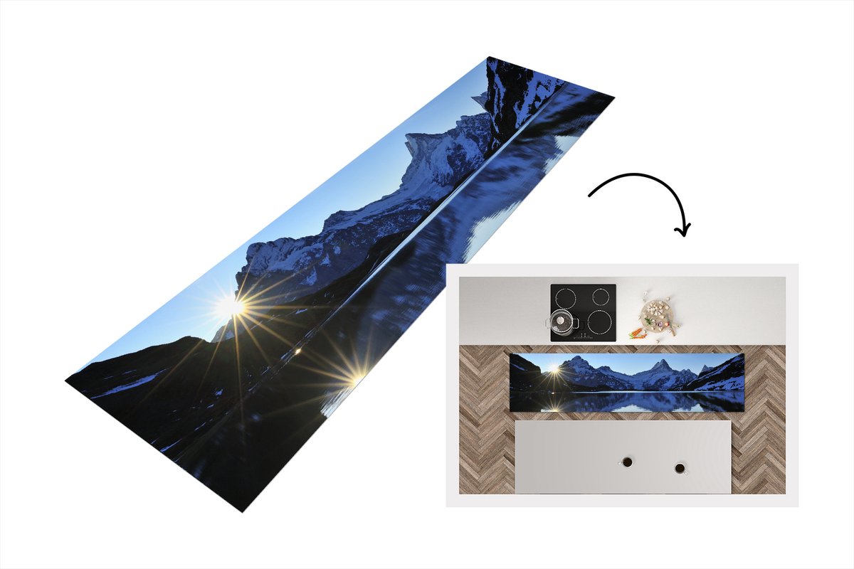 KitchenYeah Keukenloper - Loper keuken - Alpen - Berg - Water - Sneeuw - 200x50 cm - Keukenloper vinyl Multicolor