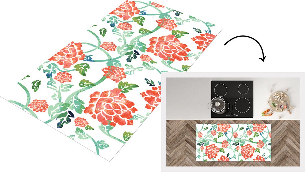 KitchenYeah Keukenloper - Loper keuken - Bloemen - Bladeren - Patronen - Waterverf - 120x60 cm - Keukenloper vinyl Multicolor
