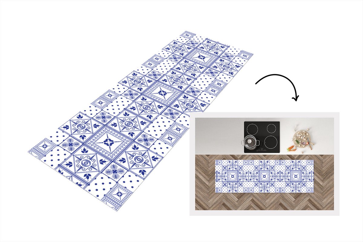 KitchenYeah Keukenloper - Loper keuken - Tegels - Patronen - Delfts Blauw - 150x50 cm - Keukenloper vinyl Multicolor