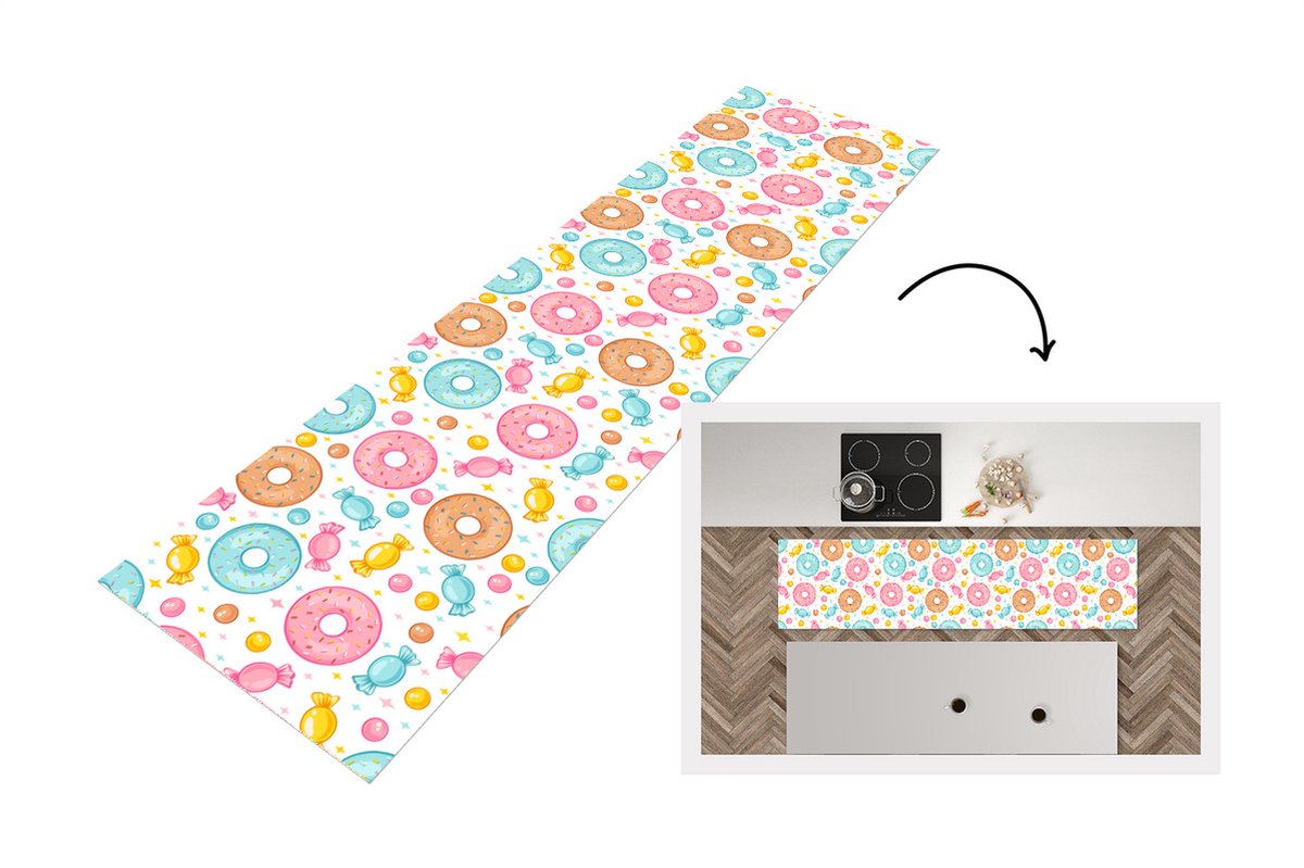 KitchenYeah Keukenloper - Loper keuken - Snoep - Donuts - Patronen - 200x50 cm - Keukenloper vinyl Multicolor