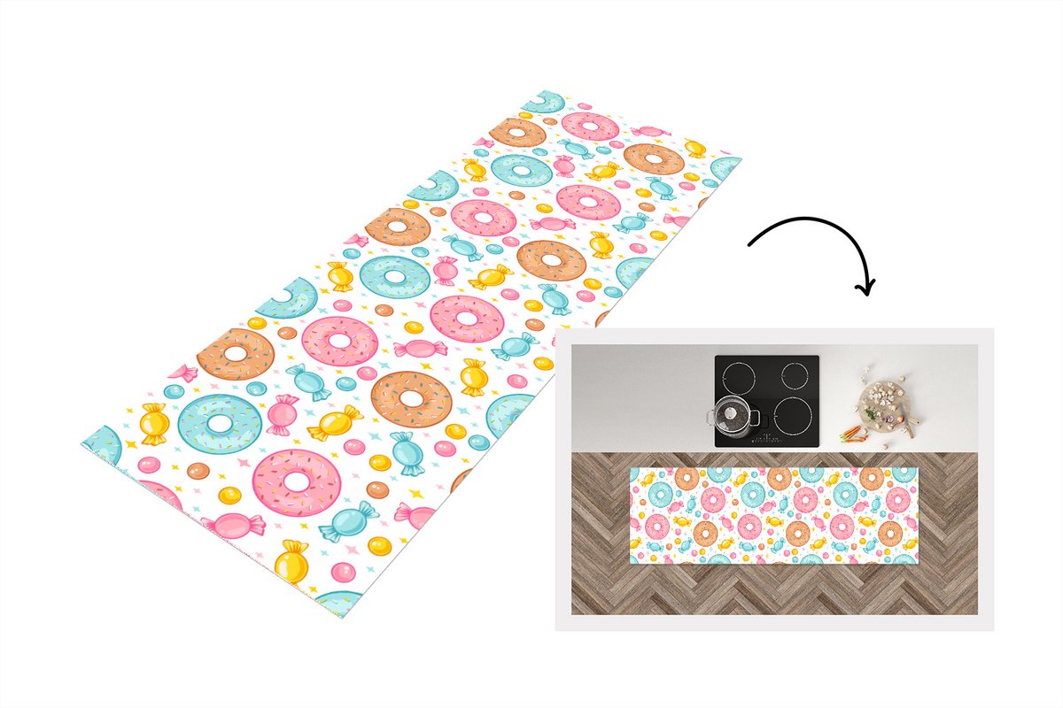 KitchenYeah Keukenloper - Loper keuken - Snoep - Donuts - Patronen - 180x60 cm - Keukenloper vinyl Multicolor