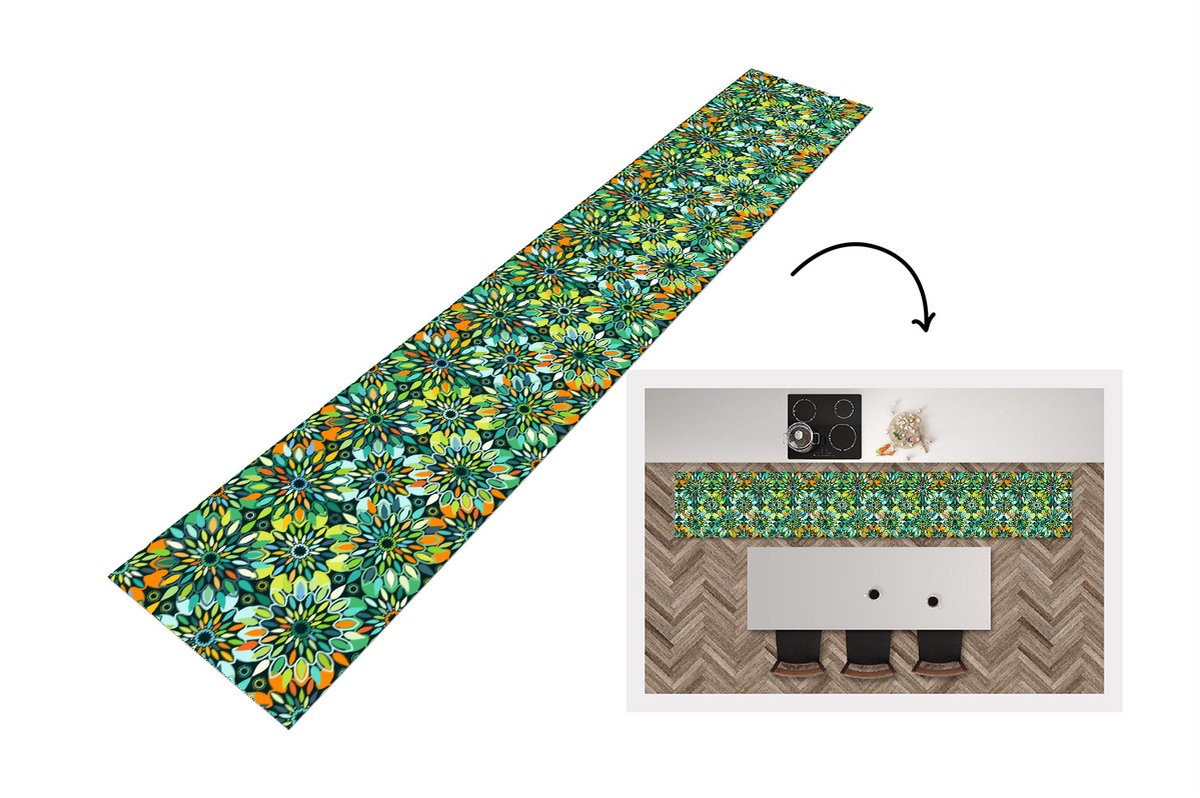 KitchenYeah Keukenloper - Loper keuken - Patroon - Mandala - Groen - 300x50 cm - Keukenloper vinyl Multicolor