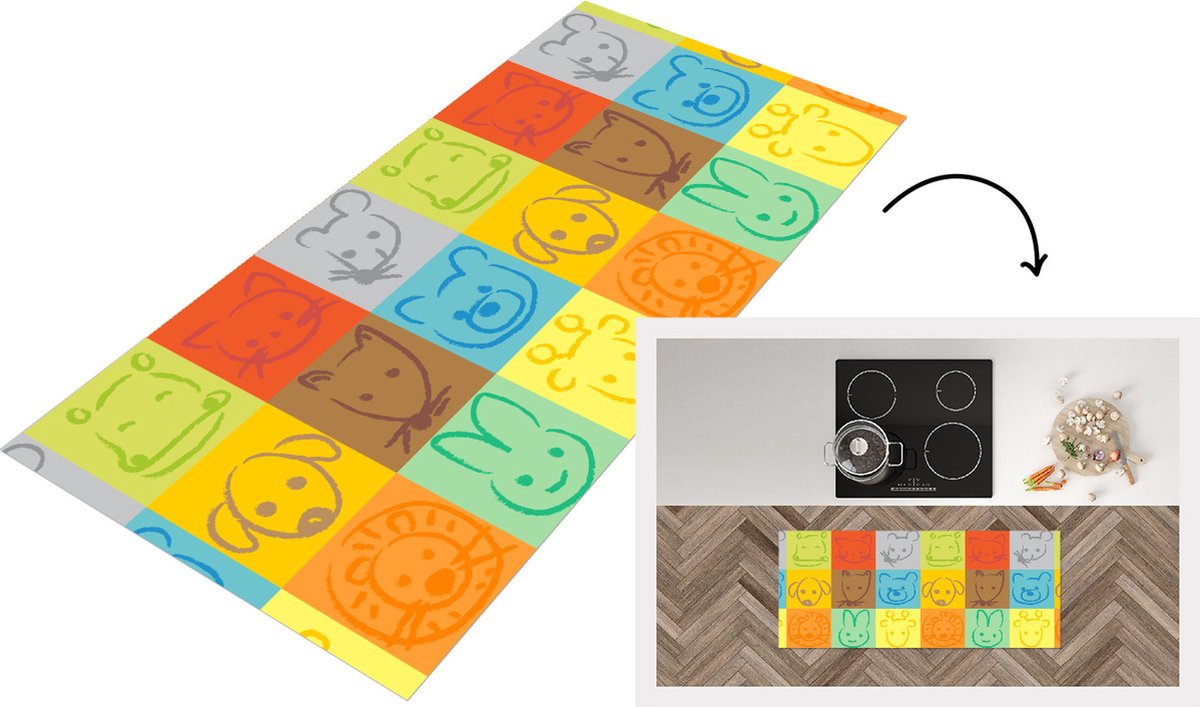 KitchenYeah Keukenloper - Loper keuken - Dieren - Patronen - Kinderen - Regenboog - 120x50 cm - Keukenloper vinyl Multicolor