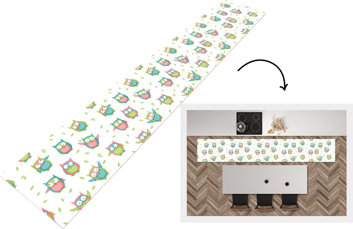 KitchenYeah Keukenloper - Loper keuken - Uilen - Patronen - Kinderen - 300x50 cm - Keukenloper vinyl Multicolor