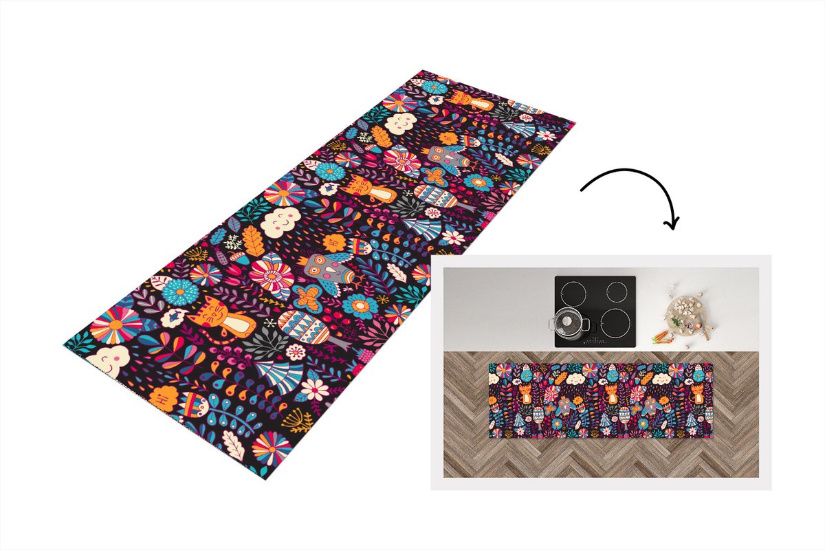 KitchenYeah Keukenloper - Loper keuken - Patroon - Uil - Kat - Bloemen - 150x50 cm - Keukenloper vinyl Multicolor