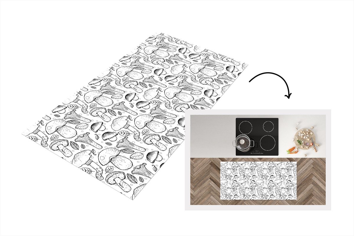 KitchenYeah Keukenloper - Loper keuken - Paddenstoel - Zwart Wit - Patronen - 120x60 cm - Keukenloper vinyl Zwart; Wit
